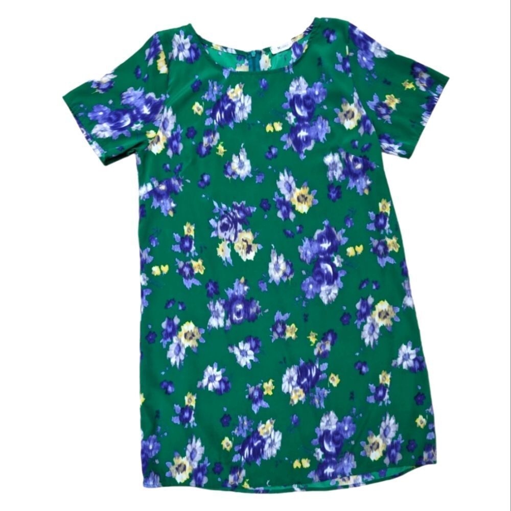 Everly dress shift swing dress satin green‎ purple yellow short sleeve floral S